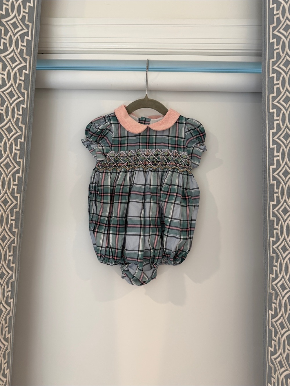 Beautiful Plaid Smocked Baby One-Piece with Pink Collar